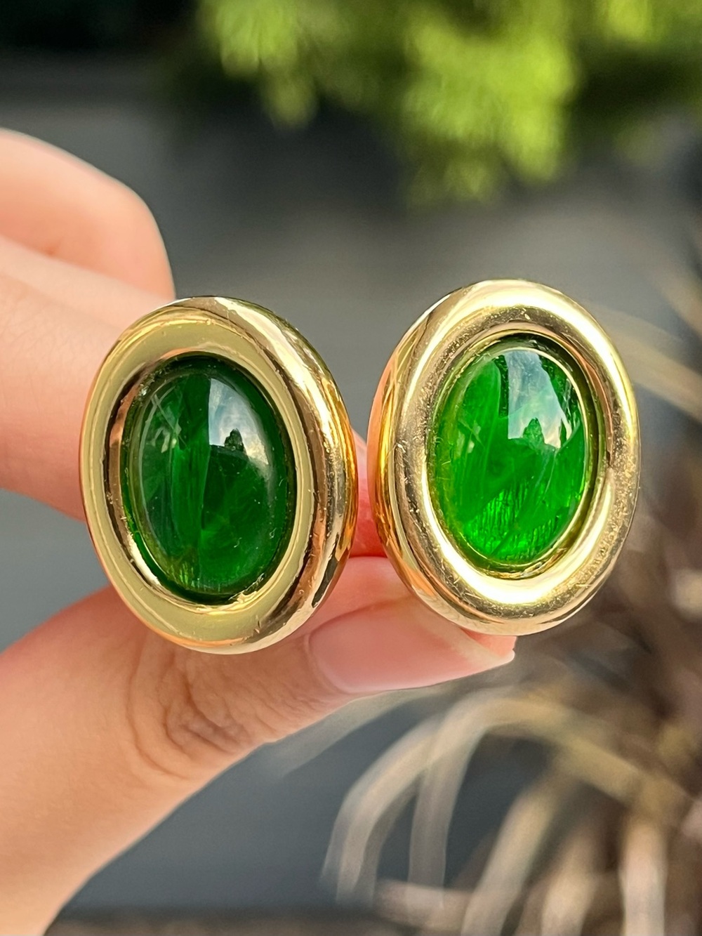 Authentic Vintage Dior Oval Green Swirly Poured Glass Cabochon Gold Clip Earring